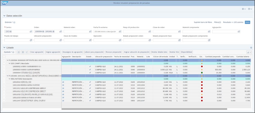 Captura del monitor de preparación de pesadas en SAP