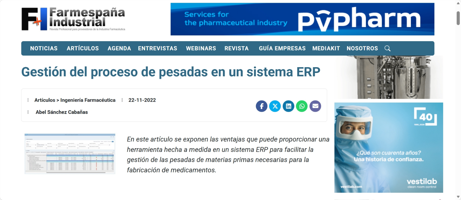 Artículo Farmespaña Industrial sobre gestión del proceso de pesadas en ERP
